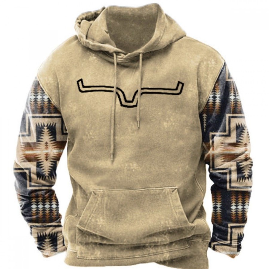 Men'S Favoshape | Men'S Retro Cowboy Aztec Sleeves Drawstring Hoodie