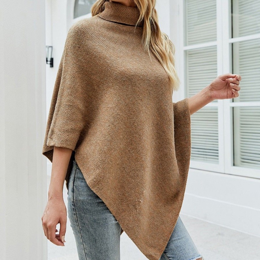 Women'S Favoshape | Women'S Turtleneck Solid Irregular Poncho With Side Buttons