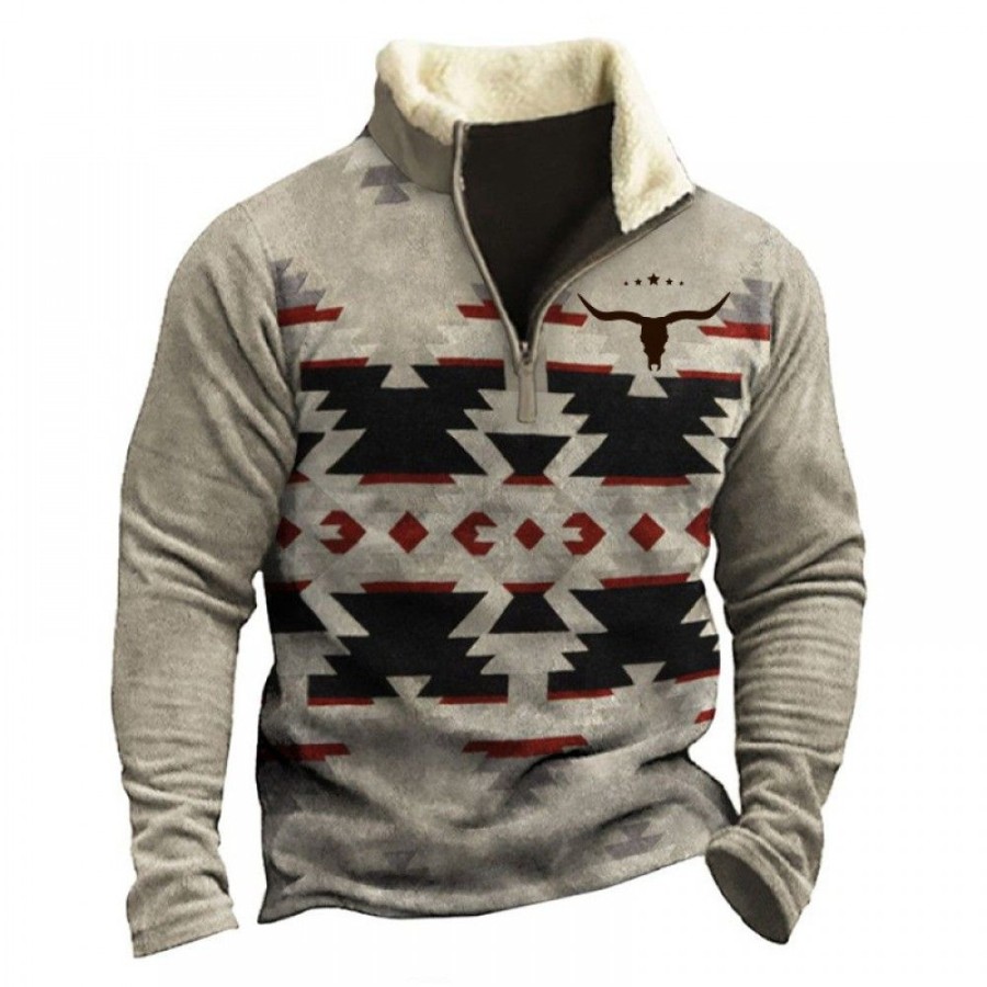 Men'S Favoshape | Men'S Geometric Print Long Sleeve Polo Sweatshirt Grey