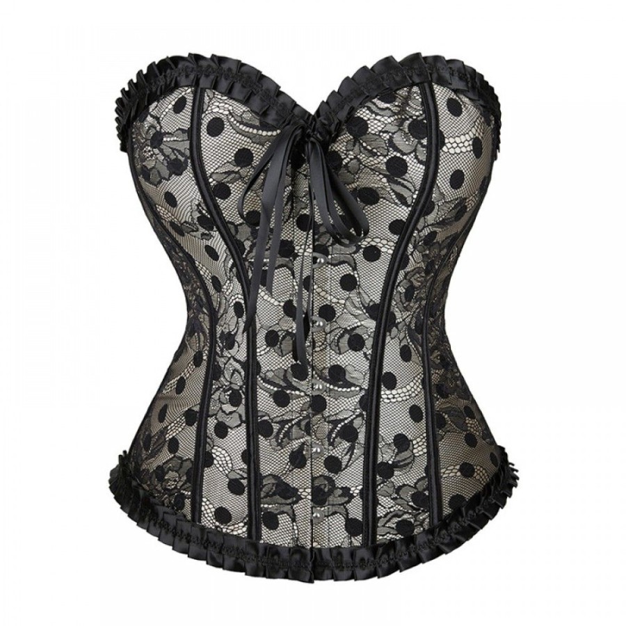 Corsets Favoshape | Women'S Gothic Floral Overbust Corset Lace Splicing Polka Dot Boned Bustier Black