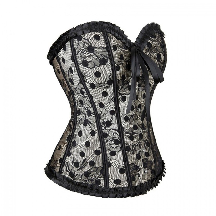 Corsets Favoshape | Women'S Gothic Floral Overbust Corset Lace Splicing Polka Dot Boned Bustier Black