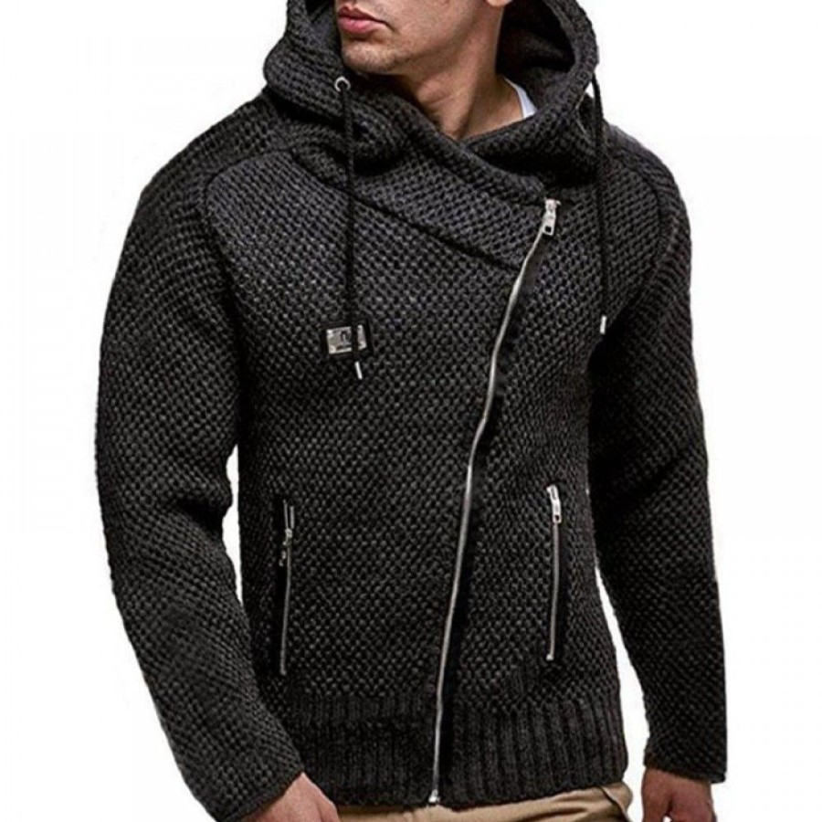 Men'S Favoshape | Men'S Diagonal Zip Hooded Waffle Knit Cardigan Sweater Black