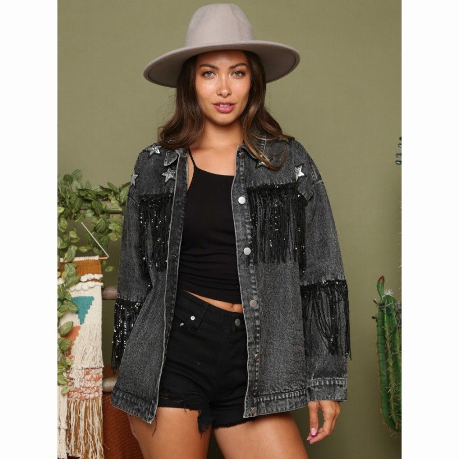 Women'S Favoshape | Women'S Oversized Fringe Shiny Stars Denim Jacket