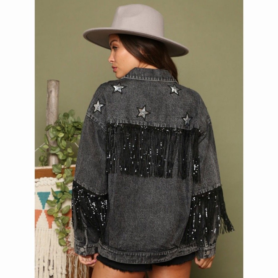 Women'S Favoshape | Women'S Oversized Fringe Shiny Stars Denim Jacket