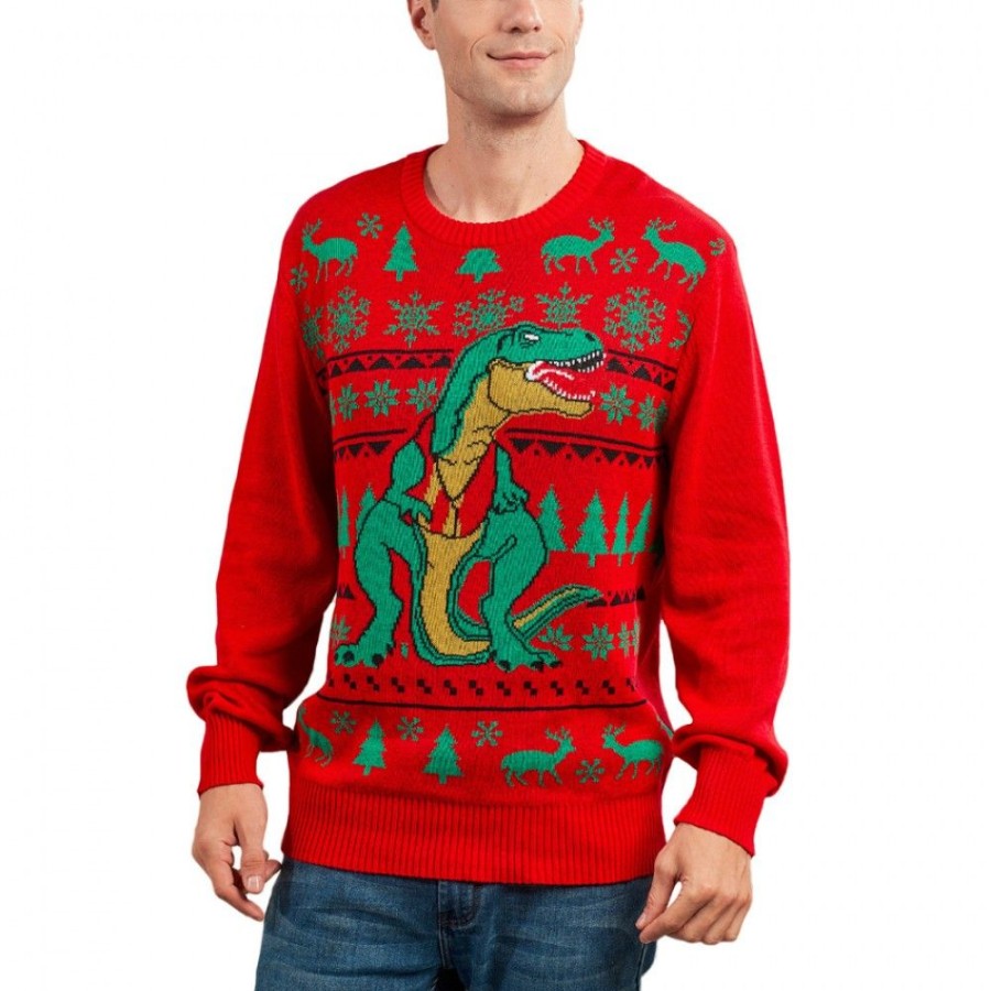 Ugly Sweater Favoshape | Men'S Dinosaur Pattern Ugly Christmas Sweater Red