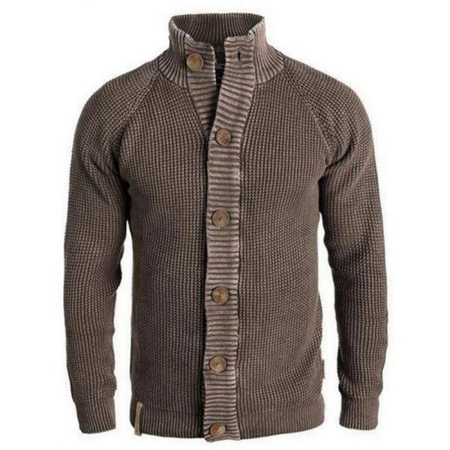 Men'S Favoshape | Men'S Western Turtleneck Cable Knited Button Up Thermal Cardigan Brown