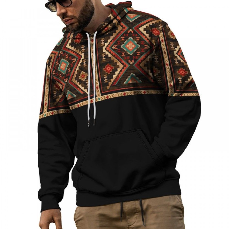 Men'S Favoshape | Men'S 3D Printed Western Aztec Pattern Drawstring Hoodie Black