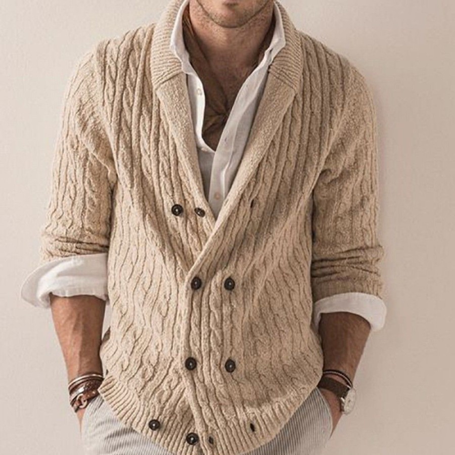 Men'S Favoshape | Men'S Double Breasted Shawl Neck Cable Knit Chunky Cardigan Beige