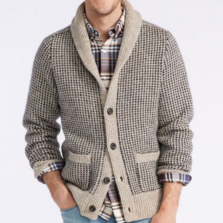 Men'S Favoshape | Men'S Vintage Lapel Jacquard Button-Up Knit Cardigan Apricot