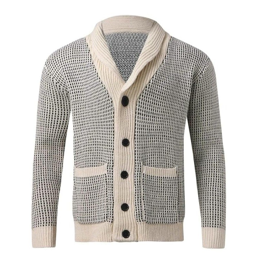 Men'S Favoshape | Men'S Vintage Lapel Jacquard Button-Up Knit Cardigan Apricot