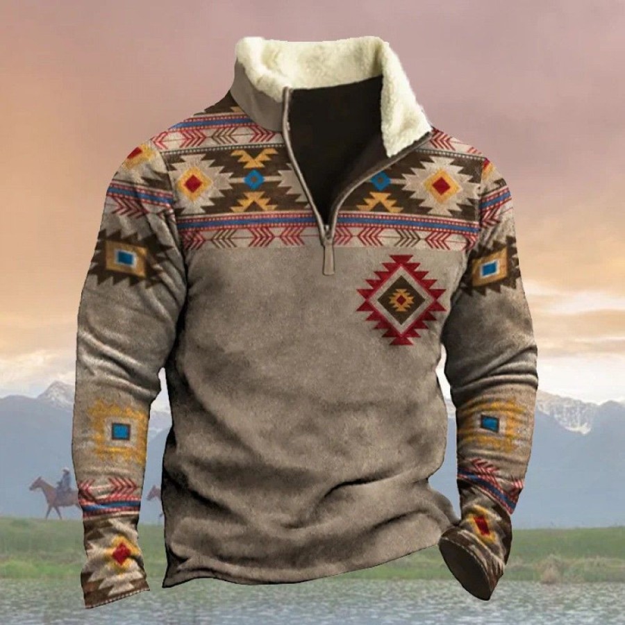 Men'S Favoshape | Men'S Western Geometric Print Zip-Up Sweatshirt