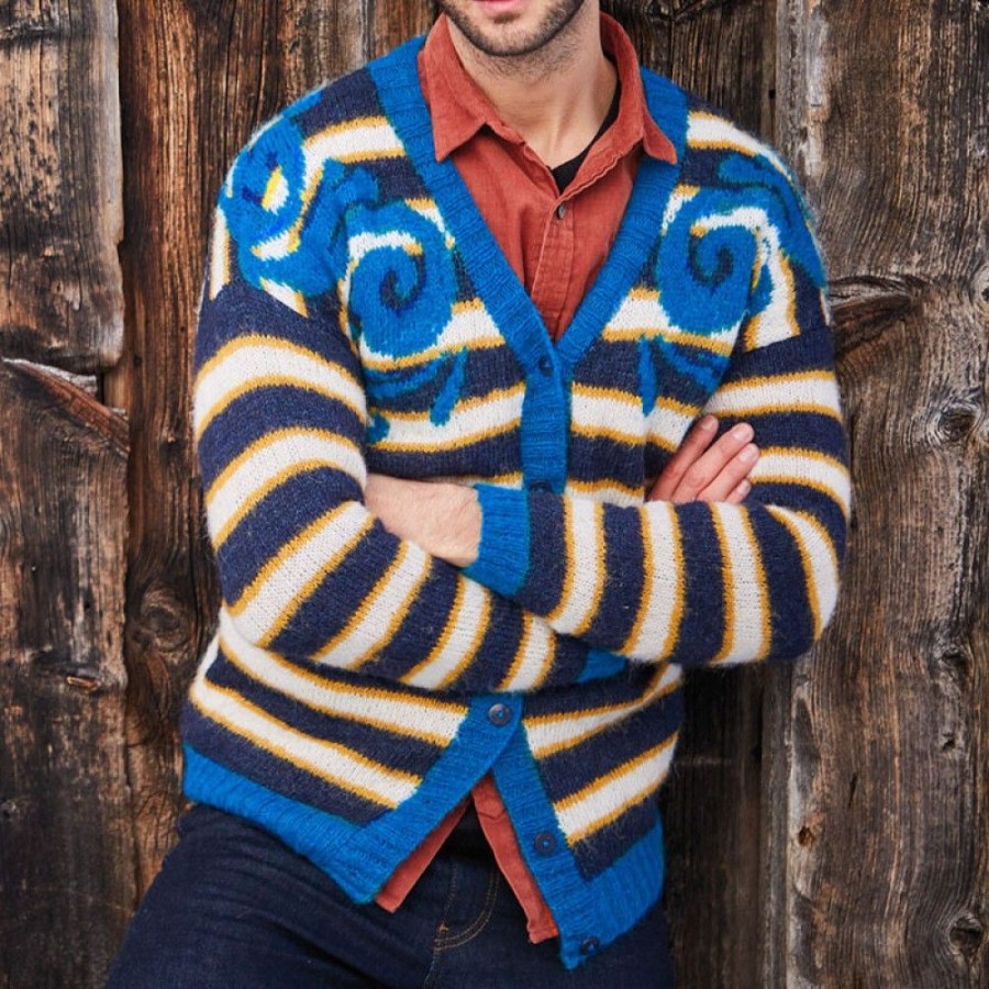 Men'S Favoshape | Men'S Vintage V-Neck Stripe Submission Button-Up Knit Cardigan Blue