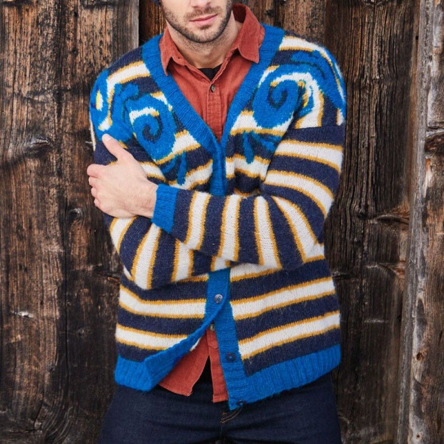 Men'S Favoshape | Men'S Vintage V-Neck Stripe Submission Button-Up Knit Cardigan Blue