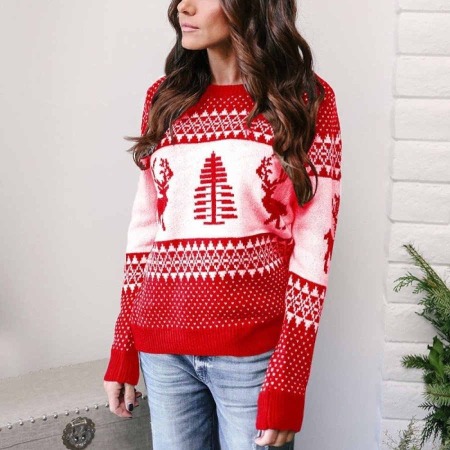 Ugly Sweater Favoshape | Women'S Fair Isle Reindeer Crew Neck Christmas Sweater