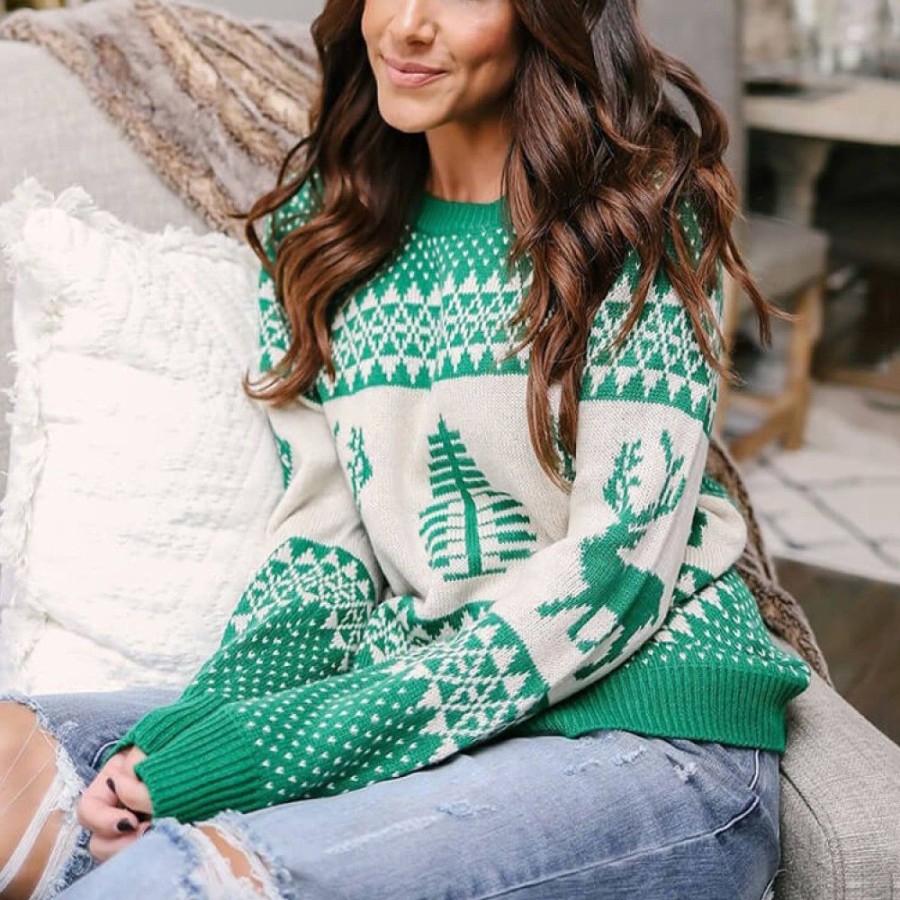 Ugly Sweater Favoshape | Women'S Fair Isle Reindeer Crew Neck Christmas Sweater