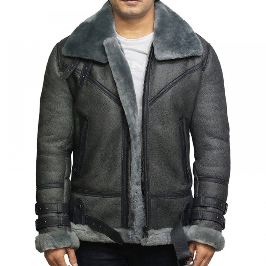 Men'S Favoshape | Men'S Retro Aviator B3 Leather Shearling Coat Jacket Grey