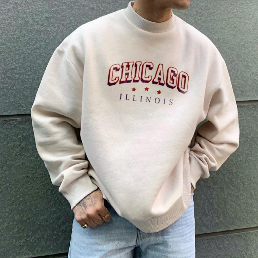 Men'S Favoshape | Men'S Chicago Illinois Inspired Crewneck Sweatshirt White