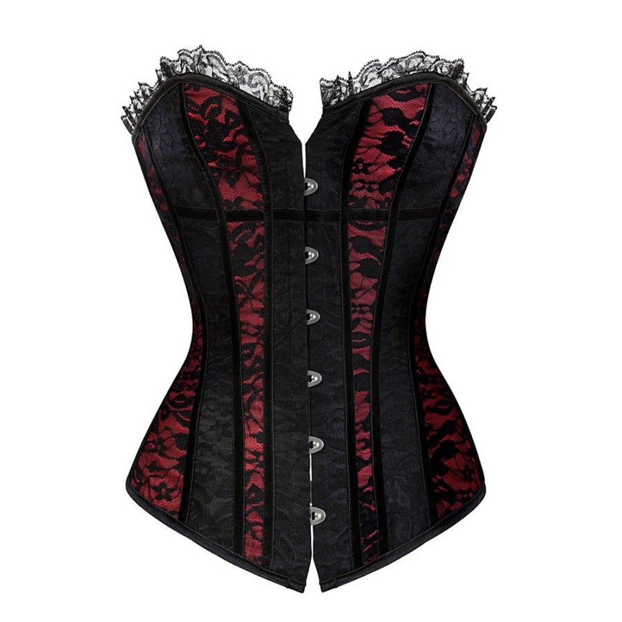 Corsets Favoshape | Women'S Lace Up Floral Overbust Bustier Victorian Gothic Lace Trim Corset Black