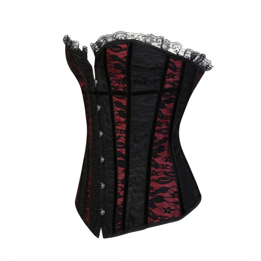 Corsets Favoshape | Women'S Lace Up Floral Overbust Bustier Victorian Gothic Lace Trim Corset Black