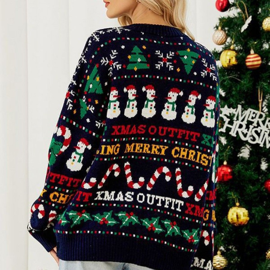 Ugly Sweater Favoshape | Women'S Ugly Christmas Theme Sequin-Accent Sweater Navy