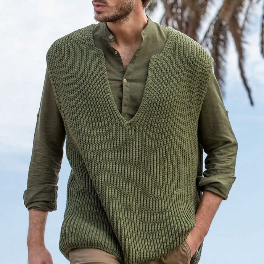 Men'S Favoshape | Men'S Olive V-Neck Cable Knit Sleeveless Vest Green