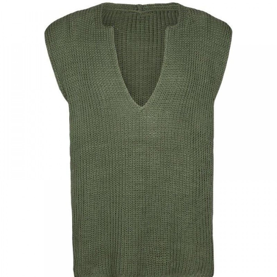 Men'S Favoshape | Men'S Olive V-Neck Cable Knit Sleeveless Vest Green