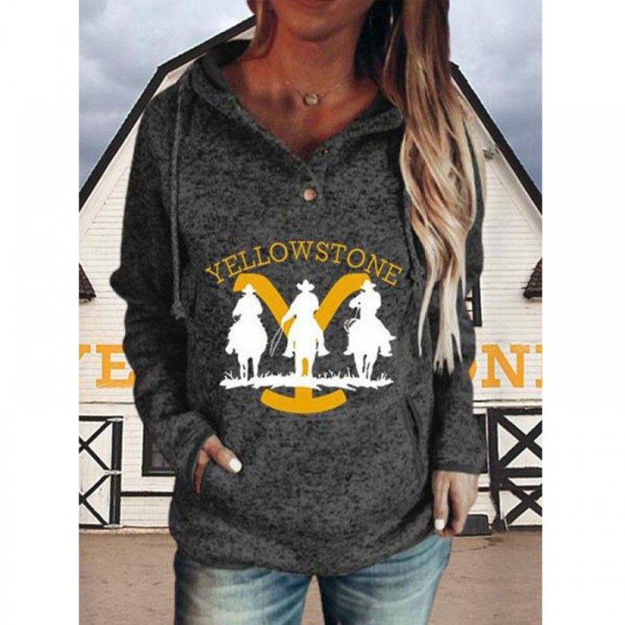 Women'S Favoshape | Women'S Yellowstone Cowboy Graphic Printed Hoodie Black