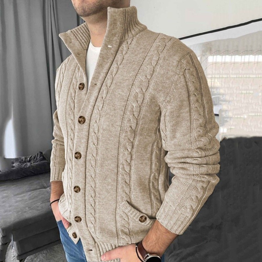 Men'S Favoshape | Men'S Western Cowboy Shawl Collar Button Up Cable Knitted Cardigan Apricot