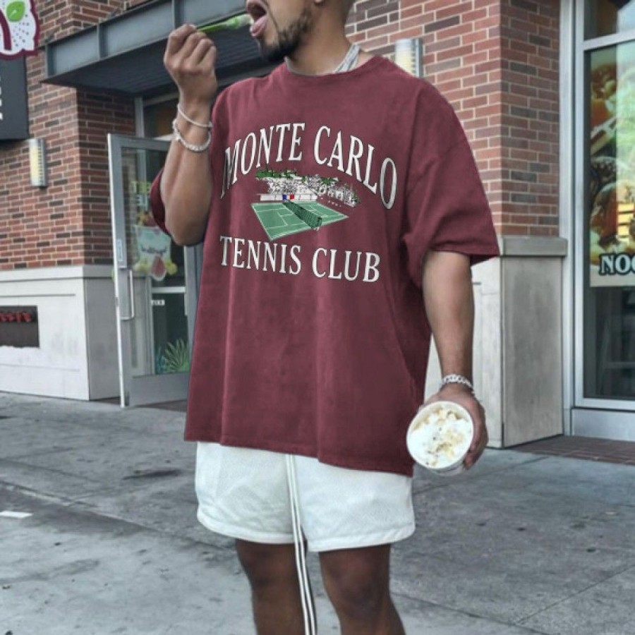 Men'S Favoshape | Men'S Vintage Monte Carlo Tennis Club Print T-Shirt Wine Red