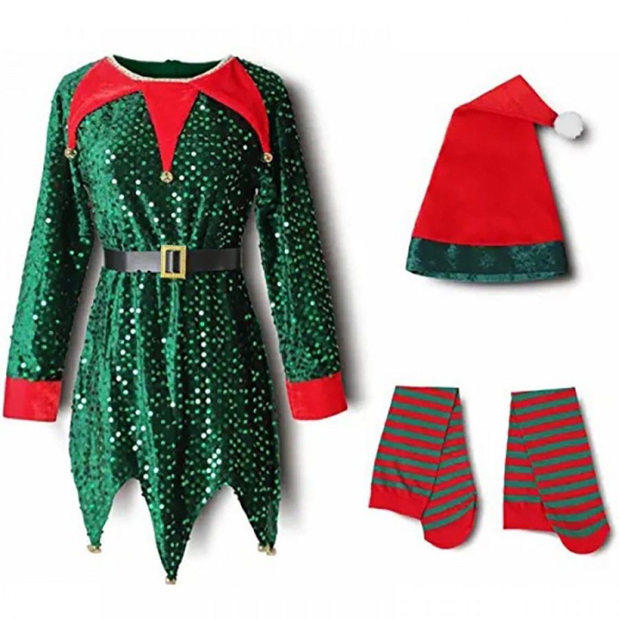 Christmas Favoshape | Christmas Santa'S Helper Elf Sequins Cosplay Costume Set For Kids