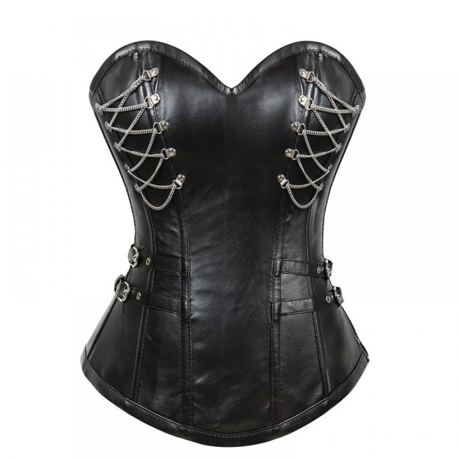 Corsets Favoshape | Women'S Steampunk Leather Corset Retro Gothic Steel Bone Bustier Black