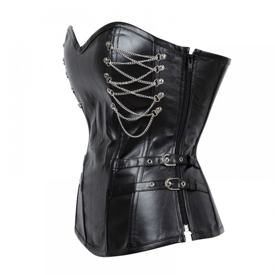 Corsets Favoshape | Women'S Steampunk Leather Corset Retro Gothic Steel Bone Bustier Black