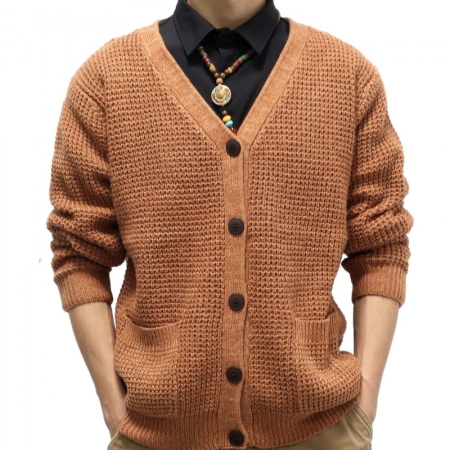 Men'S Favoshape | Men'S Western V-Neck Cable Knitted Button-Up Cardigan Brown