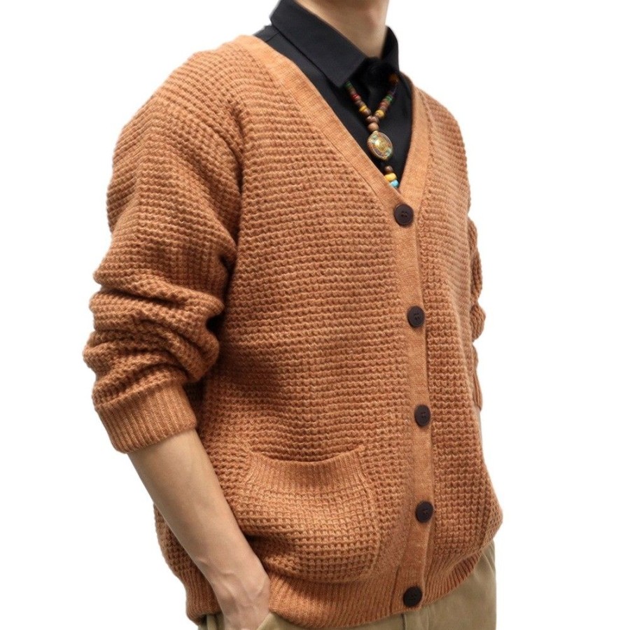 Men'S Favoshape | Men'S Western V-Neck Cable Knitted Button-Up Cardigan Brown