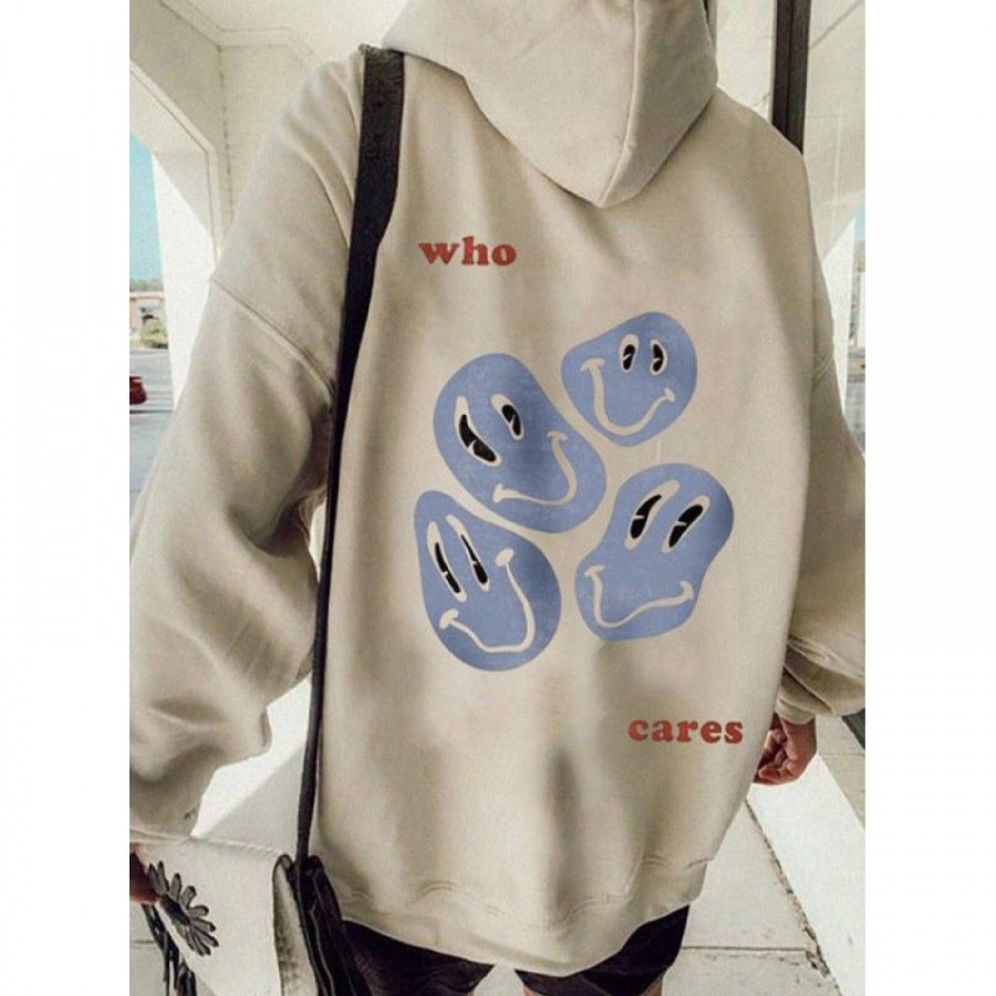 Women'S Favoshape | Women'S Who Cares Smiley Face Printed Loose Hoodie Khaki