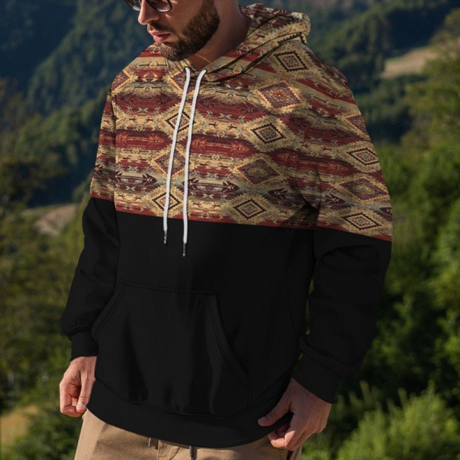 Men'S Favoshape | Men'S 3D Printed Aztec Pattern Drawstring Hoodie Black