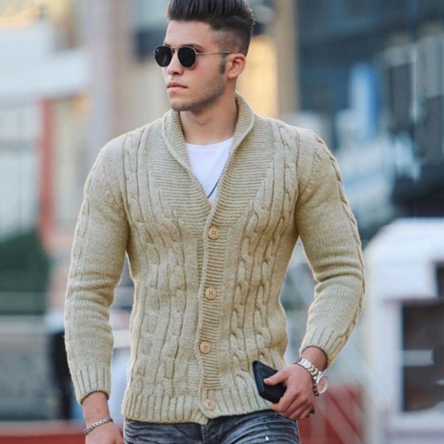 Men'S Favoshape | Men'S Western Shawl Collar Button Up Cable Knitted Chunky Cardigan