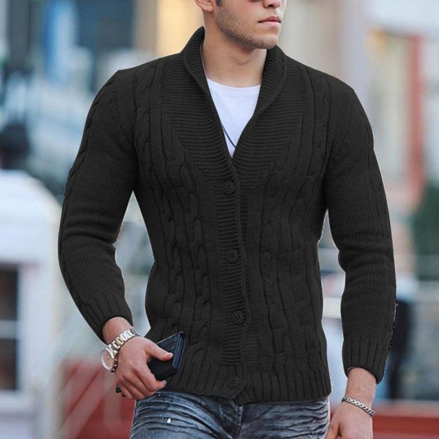 Men'S Favoshape | Men'S Western Shawl Collar Button Up Cable Knitted Chunky Cardigan