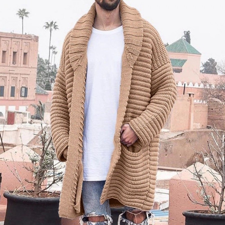 Men'S Favoshape | Men'S Wool Cable Knitted Mid-Length Turndown Open Front Cardigan With Pockets Khaki