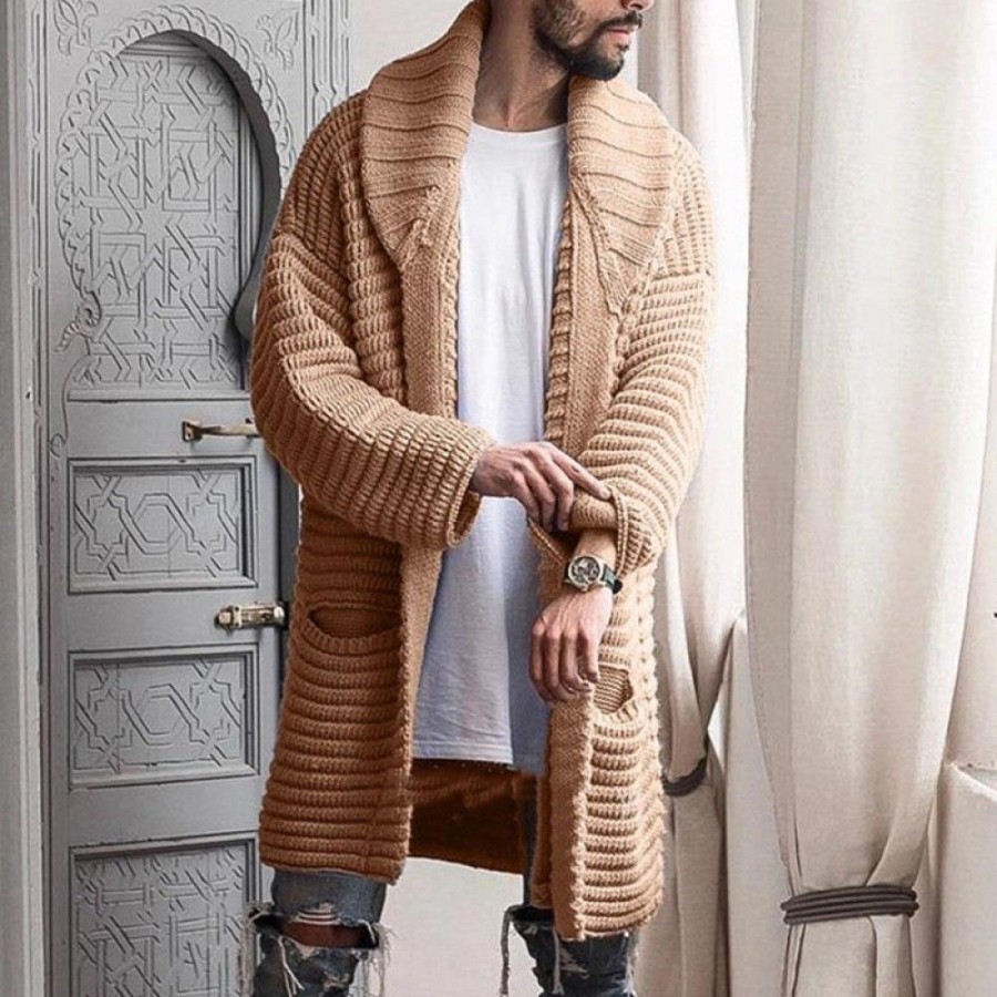 Men'S Favoshape | Men'S Wool Cable Knitted Mid-Length Turndown Open Front Cardigan With Pockets Khaki