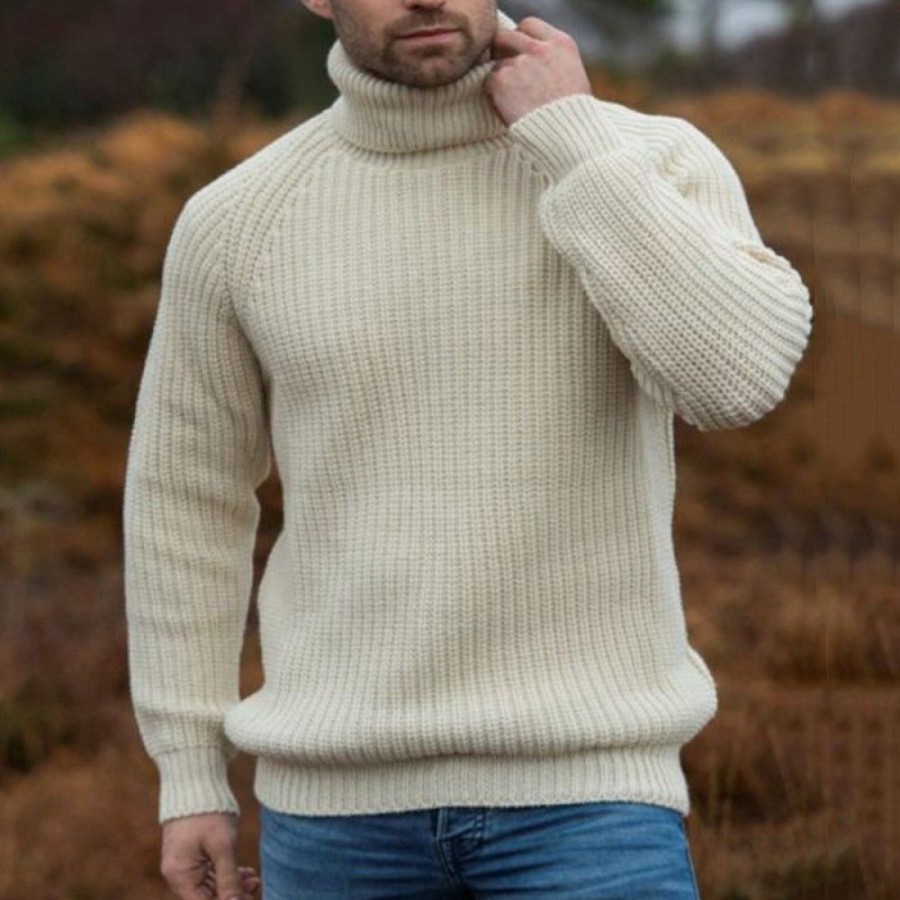 Men'S Favoshape | Men'S Rib Roll Neck Cable Knitted Pullover Sweater Beige