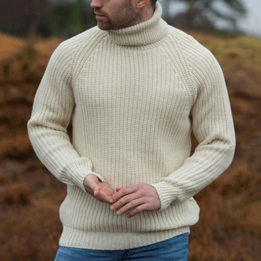 Men'S Favoshape | Men'S Rib Roll Neck Cable Knitted Pullover Sweater Beige