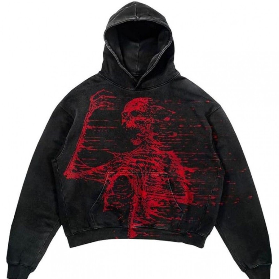 Men'S Favoshape | Gothic Style Skeleton Graphic Printed Distressed Hoodie