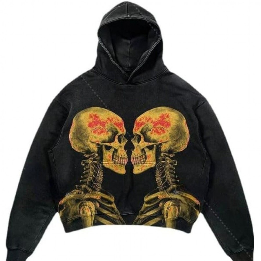 Men'S Favoshape | Gothic Style Skeleton Graphic Printed Distressed Hoodie