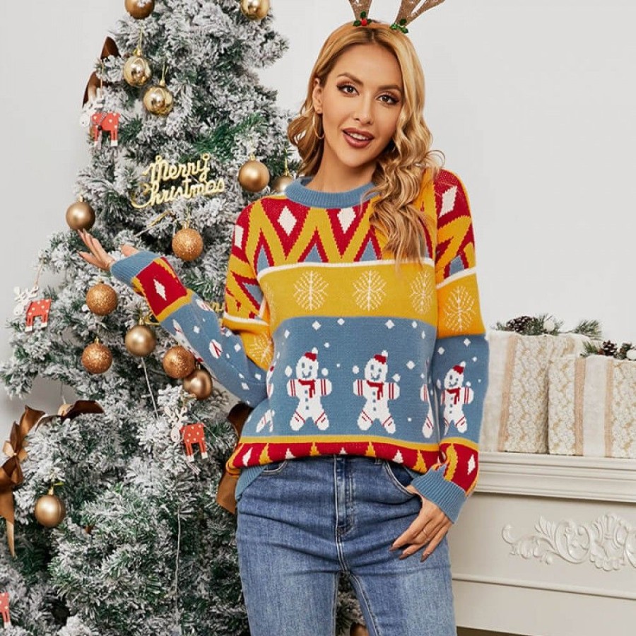 Ugly Sweater Favoshape | Women'S Ugly Christmas Snowman & Snowflake Pullover Sweater