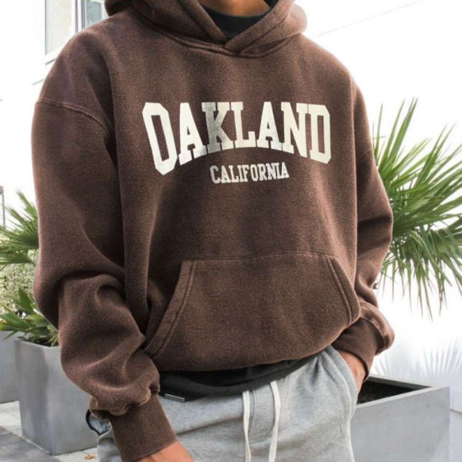 Men'S Favoshape | Men'S Retro Oakland California Print Hoodie Brown