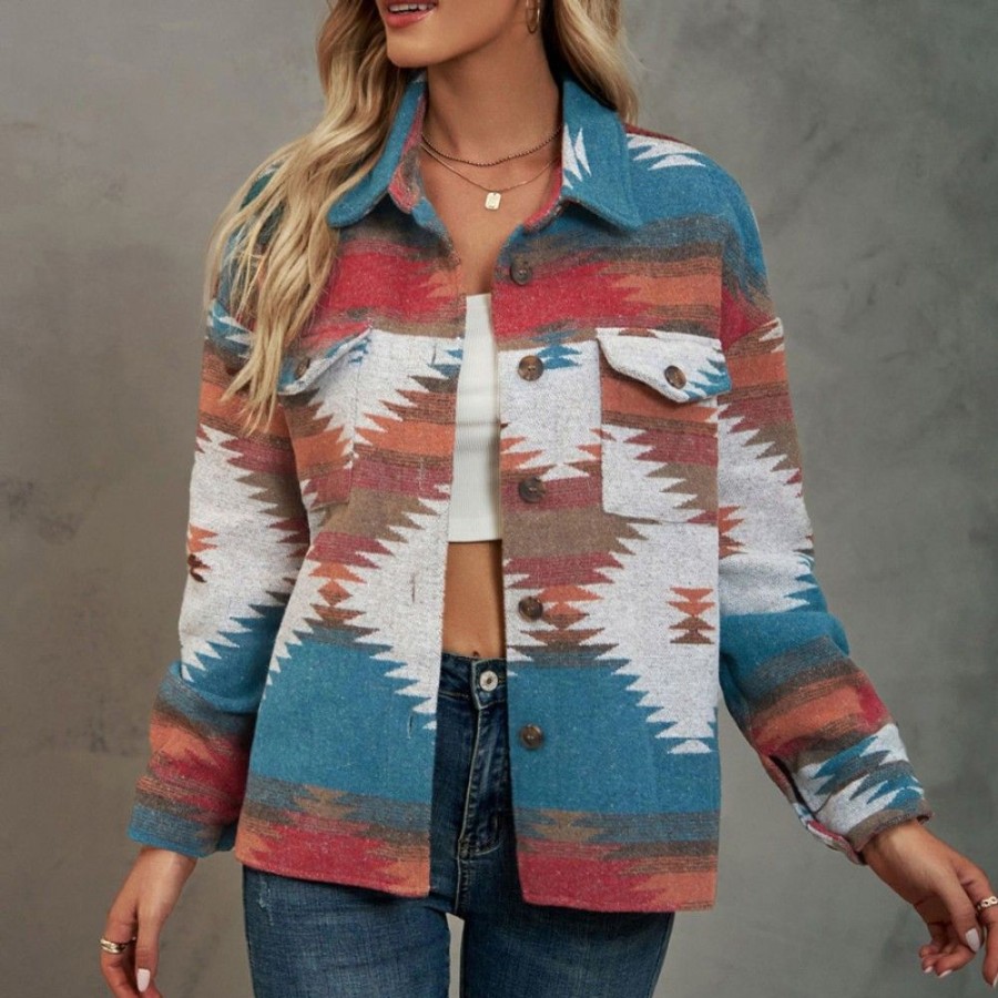 Women'S Favoshape | Women'S Western Cowgirl Aztec Pattern Button-Up Jacket