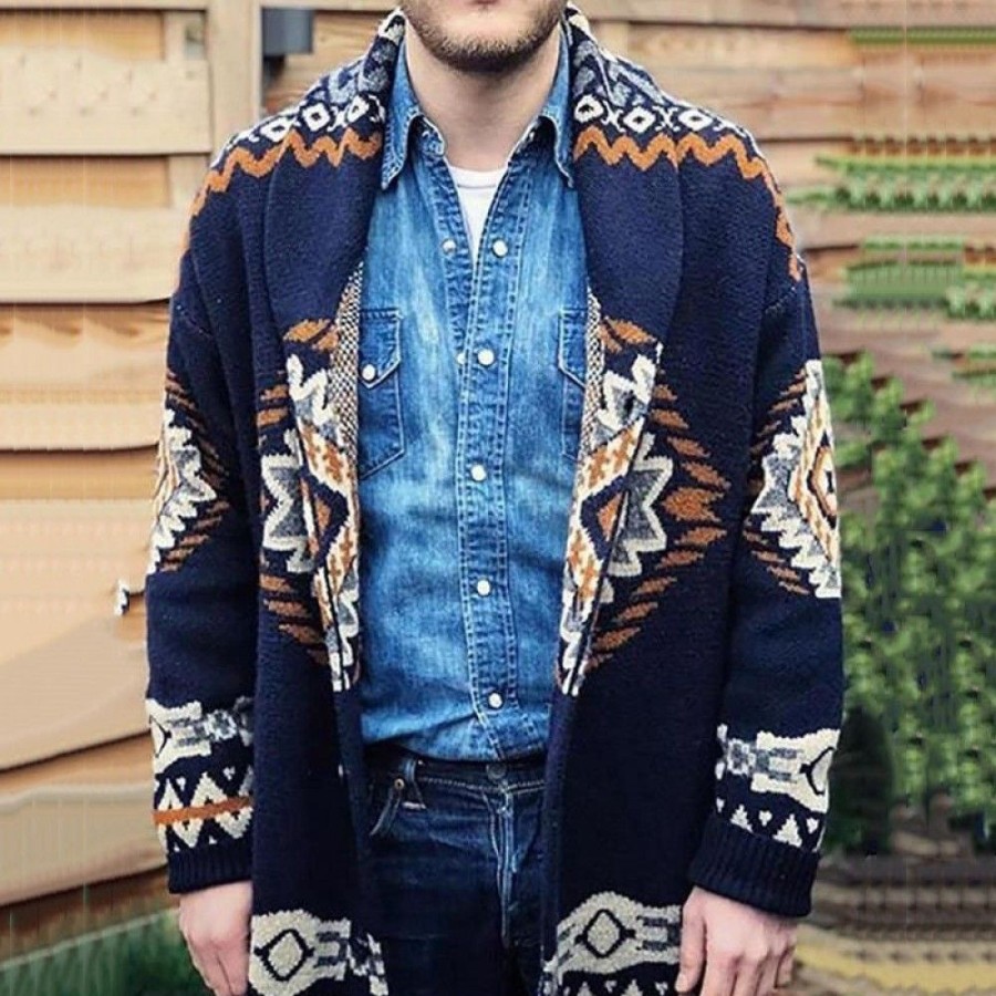 Men'S Favoshape | Men'S Vintage Aztec Pattern Shawl Collar Open Front Cowichan Cardigan Navy