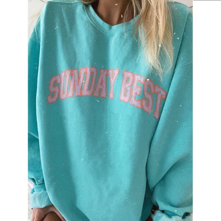 Women'S Favoshape | Women'S Preppy Sunday Best Funy Graphic Crewneck Sweatshirt Blue