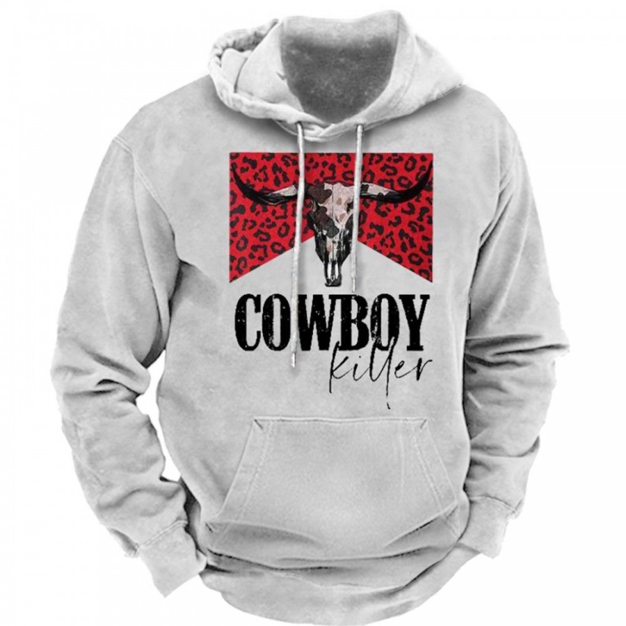 Men'S Favoshape | Men'S Western Style Cowboy Killer Print Drawstring Hoodie Grey